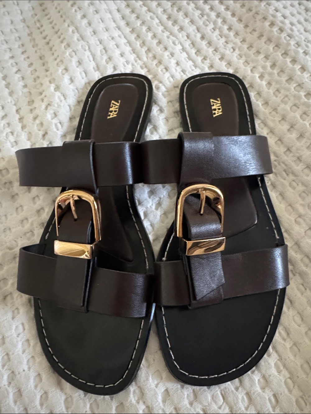 Zara Brown Leather-Look Slide Sandals with Gold Buckles